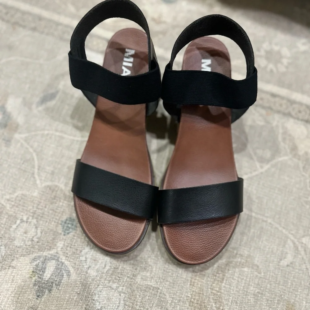 MIA Black and Tan Wedge Sandals - Picture 2 of 4